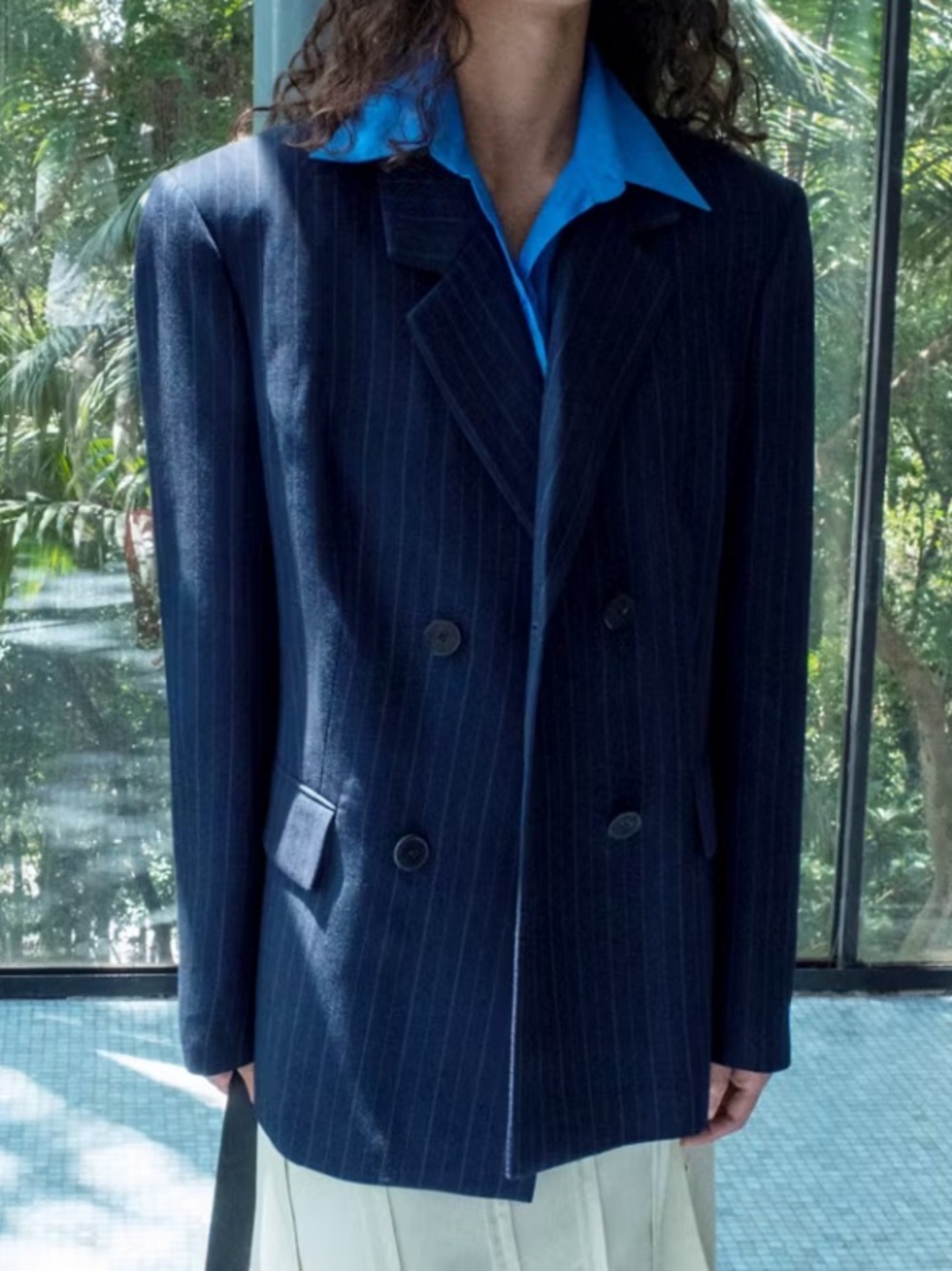 Mango Navy Pinstripe Double-Breasted Blazer PINSTRIPE BELTED BLAZER 7802